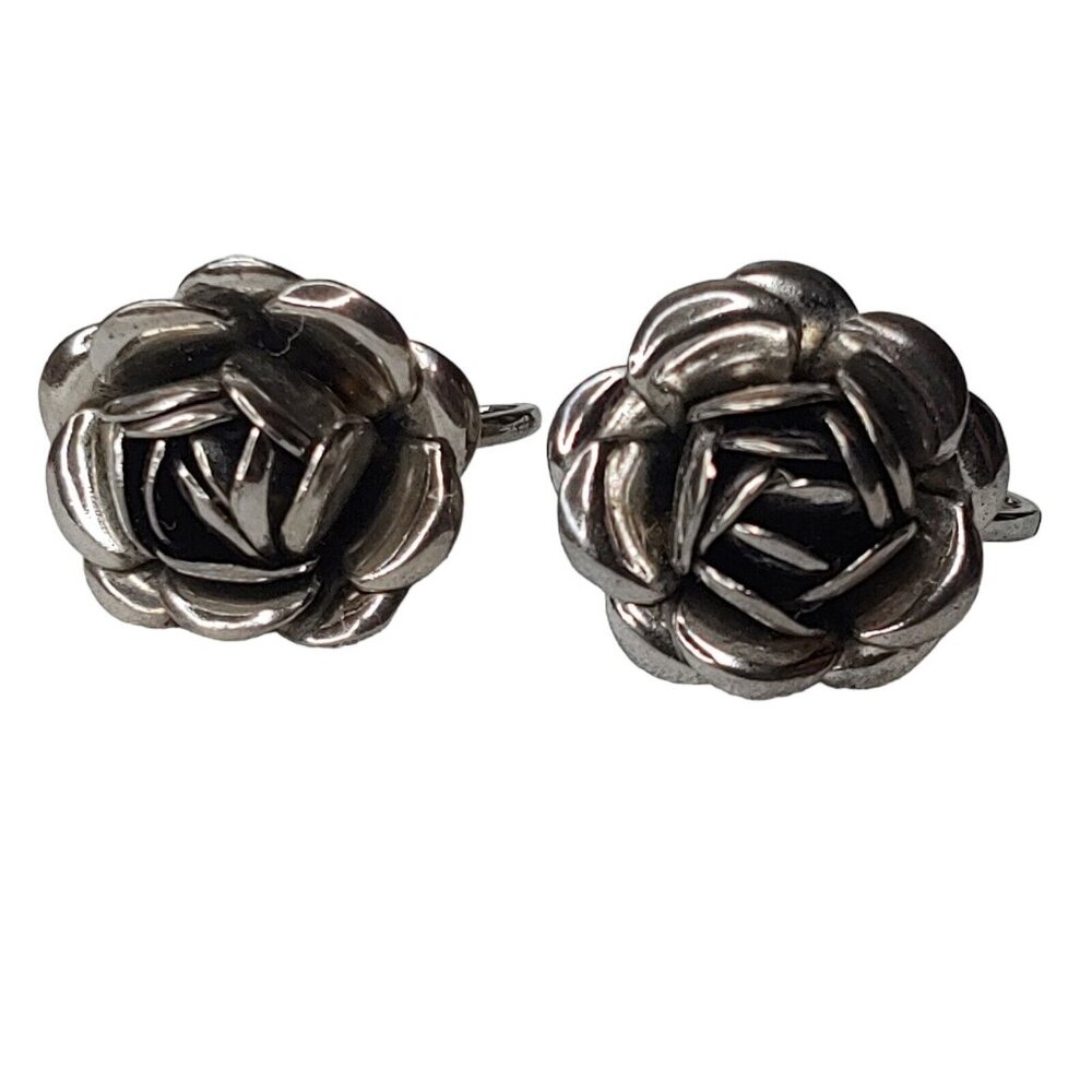 Rose Bud Earrings Flower Pierced Screw Post Flowers Roses Silver Tone 5/8"